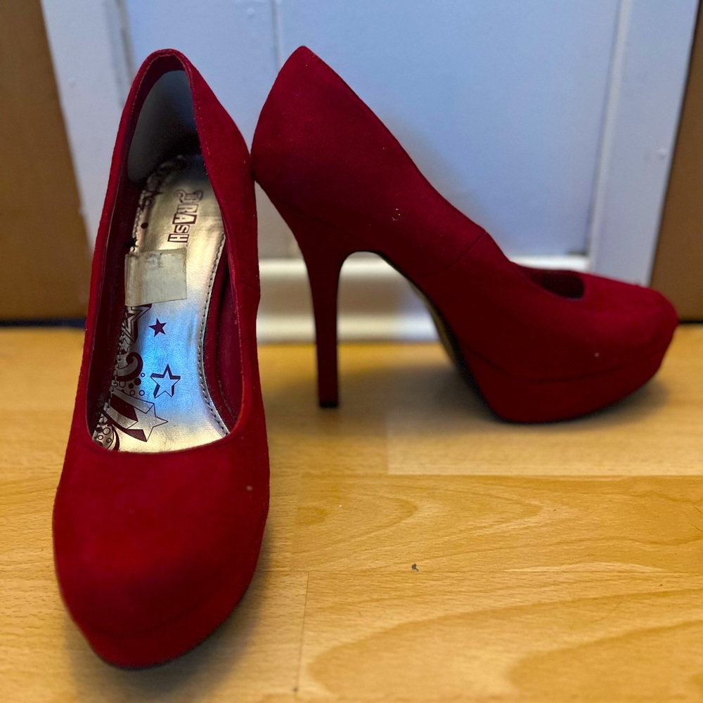 Faux suede red platform stiletto heels